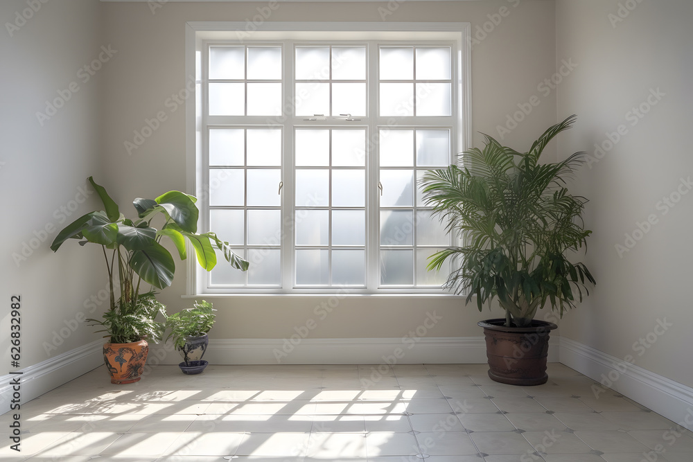 Light-filled conservatory with an empty wall and a single potted plant as a natural focal point. Generative AI