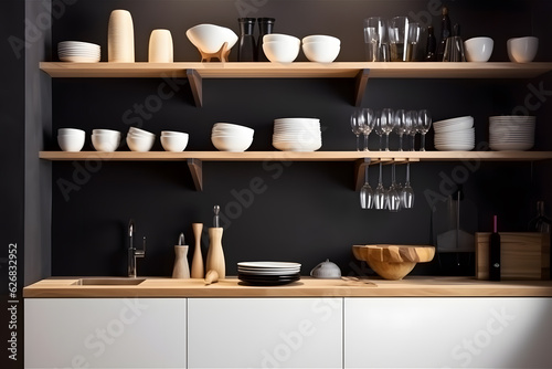 Contemporary kitchen with an empty wall and a small open shelf holding a collection of stylish dinnerware. Generative AI