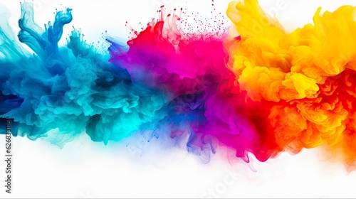 Explosive Holi Celebration: Colorful Rainbow Powder Isolated on White Panorama Background: Generative AI