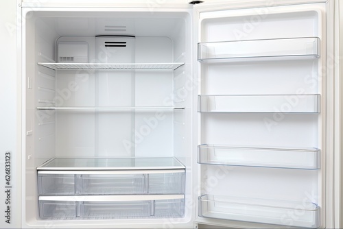 Empty Refrigerator for Weight Loss Diet Concept. Fresh and Clean Open White Fridge with Shelves - Closeup. Generative AI