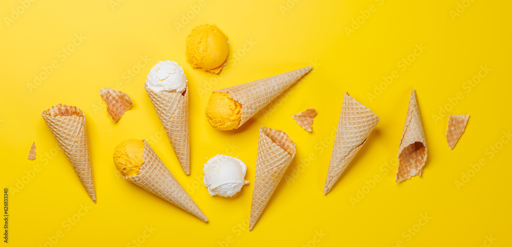 Assorted ice cream flavours in a delightful waffle cones Assorted ice cream flavours in a delightful waffle cones