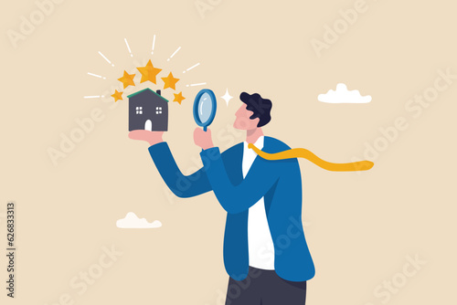 Property appraisal or price evaluation, housing assessment for market value, residential sale, rating or real estate review concept, businessman appraiser magnifier review property with star rating.