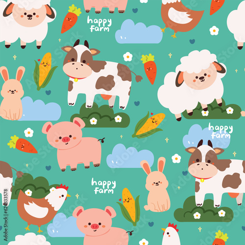 seamless pattern cartoon animal farm. cute sheep, cow, pig, chicken and bunny