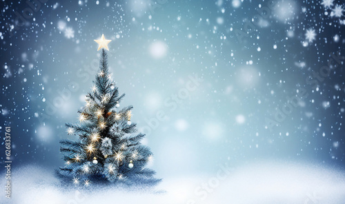 Christmas tree with snow decorated with garland lights, holiday festive background