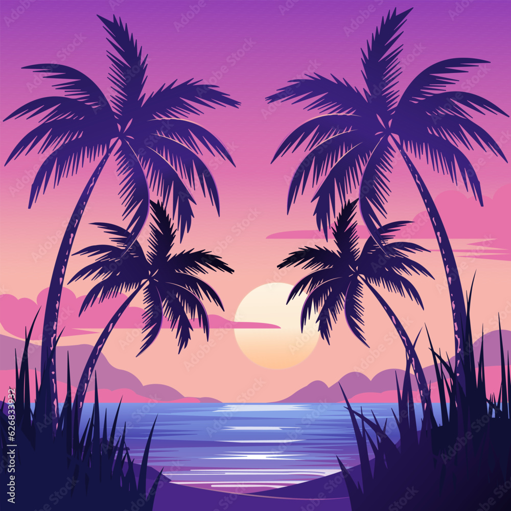 Vector illustration in flat cartoon style. Banner with romantic summer seascape, tropical palm trees on sunset background.