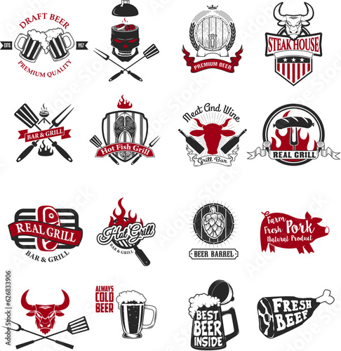 Set of the grill, barbecue, fresh beer, steak house labels and emblems. Meat and wine. Hot grill. Draft beer. Real grill.