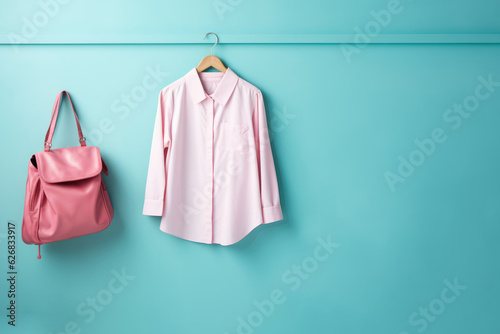 school shirt and backpack on a hanger on a blue background, Generative AI