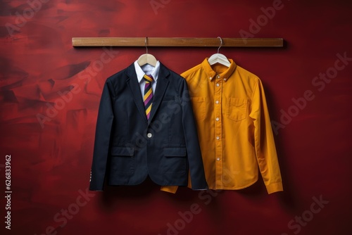 shirt and jacket hanging on wooden hanger, red background, Generative AI