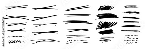 Vector set of grungy graphic elements. Hand drawn textured pen or pencil underlines, waves, strikethrough scribbles, emphasis lines and crosses. Each element is united and isolated on white background