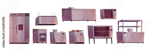 Cartoon set of professional kitchen equipment and furniture isolated on white background. Vector illustration of stainless steel fridge, oven, microwave, cooker hood, table, deep fryer, pans, plates