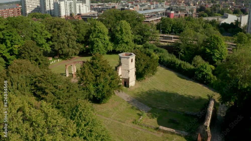Descending aerial shot over derelict church building Basingstoke UK Descending aerial shot over derelict church building Basingstoke UK
