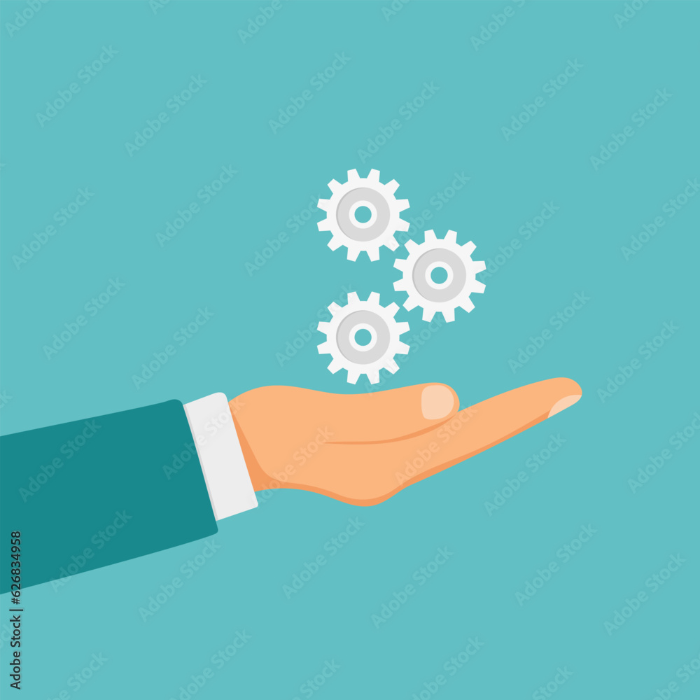 Gears in the hand. Gear in palm businessman. Cogwheel mechanism. Vector illustration flat design. Isolated on white background.
Gears in the hand. Gear in palm businessman. Cogwheel mechanism. Vector illustration flat design. Isolated on white background.