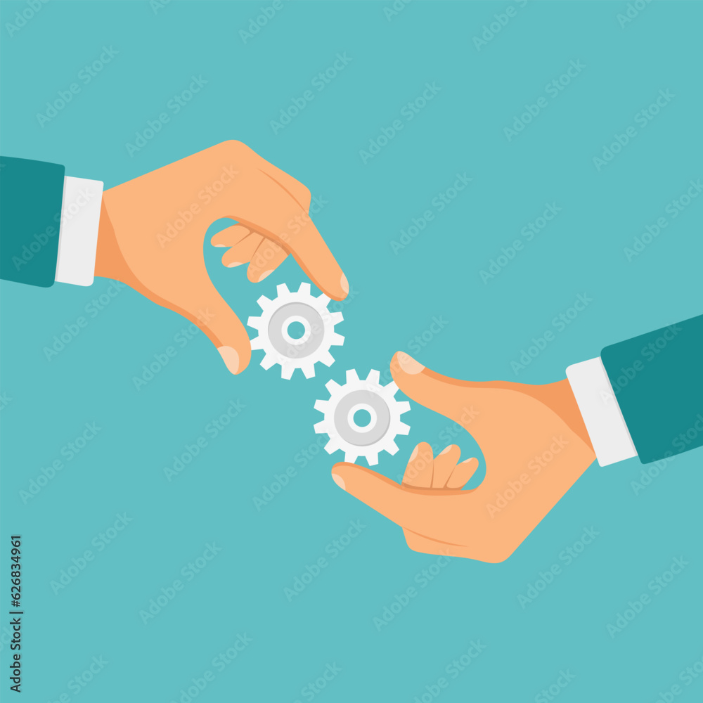 Effective teamwork concept. Gear hold in hands businessman. Cooperation. Vector illustration flat design. Achieving results joint efforts.
