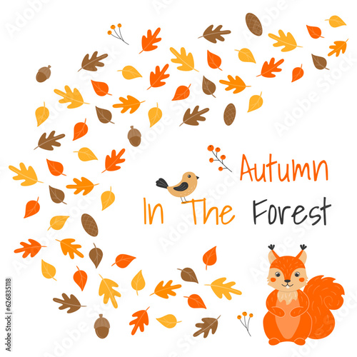 Vector illustration with cute squirrel, bird and leaf fall in cartoon style. Forest animals and plants. Autumn in the forest. © PorEka