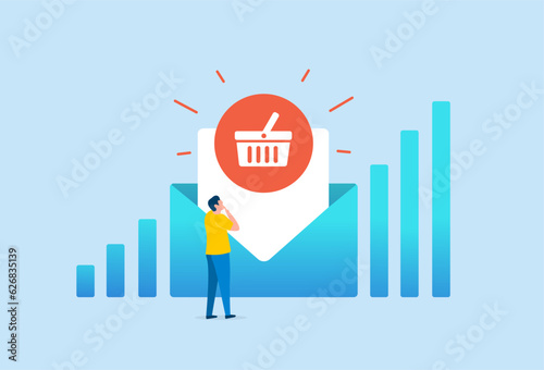 Email Marketing Campaign - abandoned cart recovery e-mail strategy concept. Interactive email letter with shopping cart icon. Reaching target audience with e-mail letter. Vector banner illustration