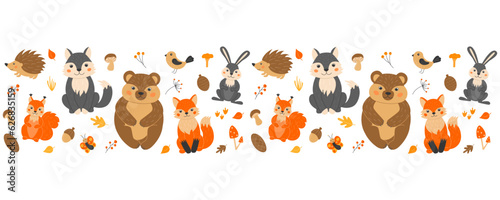 Seamless border of cute forest animals and plants. A red fox and a squirrel, a funny bunny, a bear, a gray wolf, a prickly hedgehog. Mushrooms, twigs, acorn, autumn leaves.