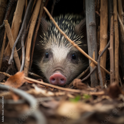 Hedgehog hiding in the reeds, ai art photo