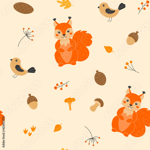 Seamless pattern with cute squirrels, mushrooms, cones, acorns, birds and autumn leaves in cartoon style. Animals in the forest. Vector illustration.