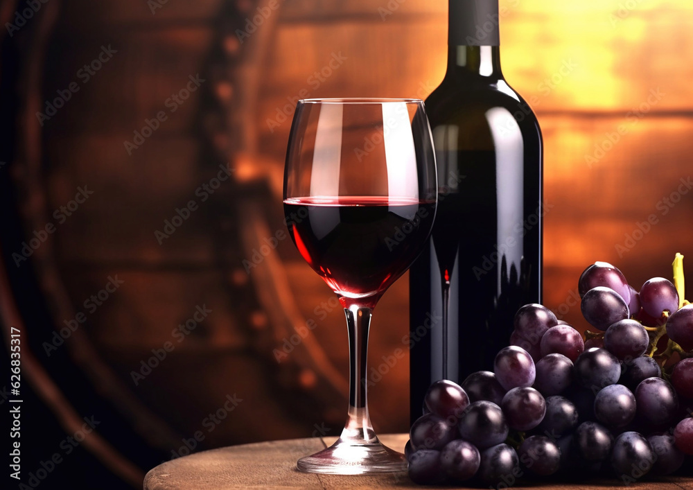 Bottle and glass of red wine with barrel and grape.Macro.AI Generative