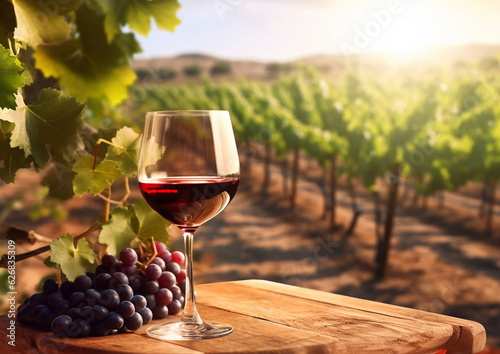 Glass of red wine with grapes on table in vineyard during warm summer evening.AI Generative