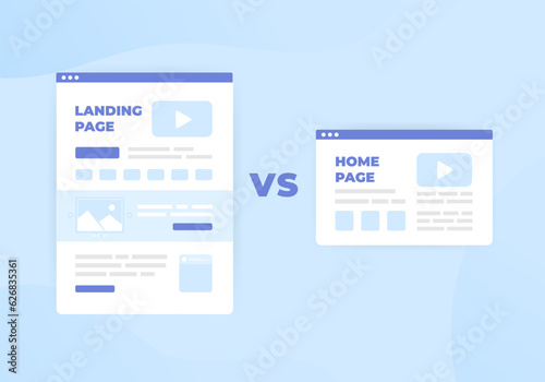 Landing Page vs Home Page concept. Difference between standalone lead generation landing web page, designed for specific marketing campaign and single home page focuses on introducing company