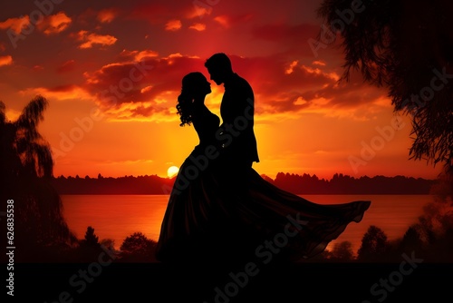 A breathtaking photo of the silhouette of newlyweds against a vibrant sunset, symbolizing the start of their beautiful journey together.