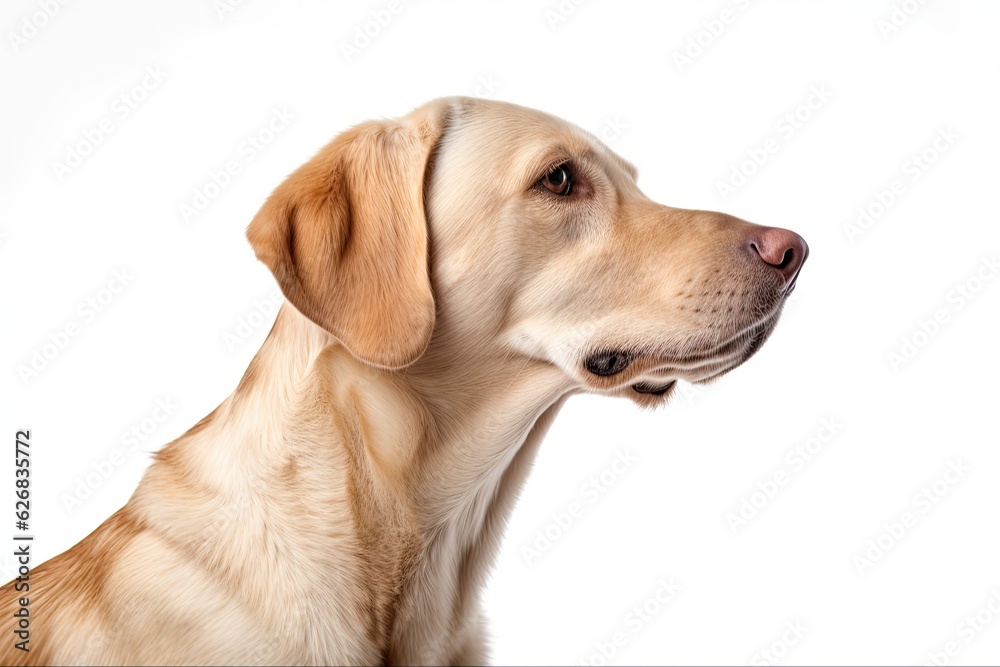 Distinguished Dog Profile on White Background: Labrador Pet Portrait, Purebred and Cute, Standing Sideways with Domestic Charm. Generative AI Distinguished Dog Profile on White Background: Labrador Pet Portrait, Purebred and Cute, Standing Sideways with Domestic Charm. Generative AI