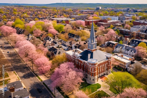 Aerial View of Historic Downtown Lancaster, PA with Blooming Trees - Architecture, Church, and City Landscape: Generative AI photo