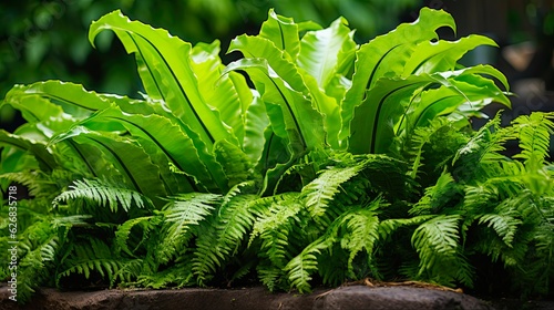 Bird's Nest Fern - Bright Green Foliage of Asplenium Nidus Plant in a Garden (16:9): Generative AI photo