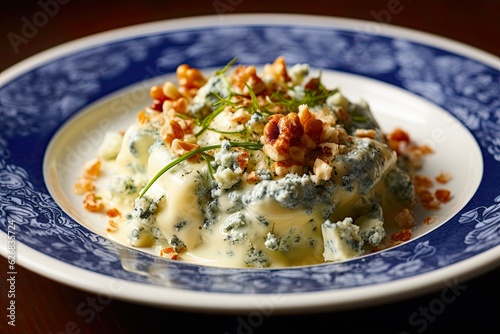 Blue Cheese Crumbles: Rich Bold Roquefort and Gorgonzola Crumble Pieces with Milk and Crackers. Generative AI