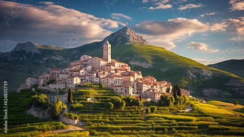 Fotografiet Castel del Monte, Idyllic Italian Village in the Picturesque Hillside of Abruzzo