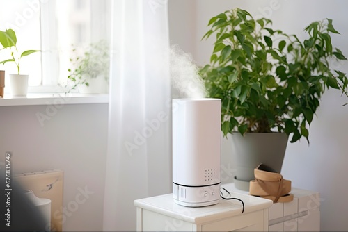 Clean air with Ions. Ionizer and Laptop on White Background. Air Purifier with Humidifier for a Healthy Indoor Lifestyle: Generative AI photo