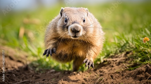 Closeup of Groundhog Sprinting Across Field with Nature and Tree Backdrop - Wildlife Animal Running. Generative AI © AIGen