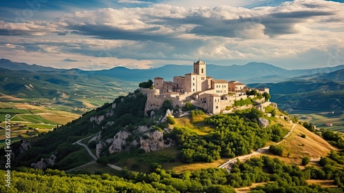 Discovering the Beauty of Castel del Monte: Idyllic Italian Village in L'Aquila, Abruzzo, surrounded by Majestic Mountains: Generative AI photo