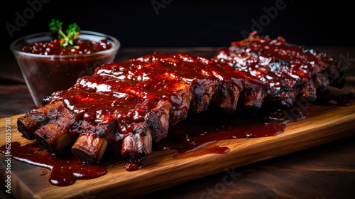 Fotografiet Grilled and Smoked Barbeque Pork Ribs with Deliciously Saucy Glaze on Wood Carvi