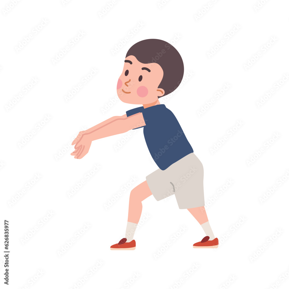 Cute kid boy stands with hands forward to hit ball flat style, vector illustration Cute kid boy stands with hands forward to hit ball flat style, vector illustration