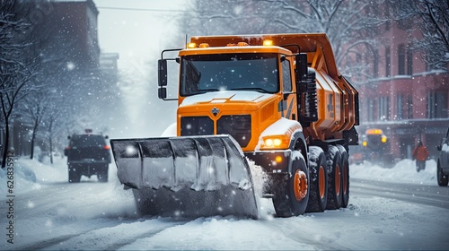 Winter Snowplow Truck Removing Snow After Blizzard on Cold Winter Day: Generative AI