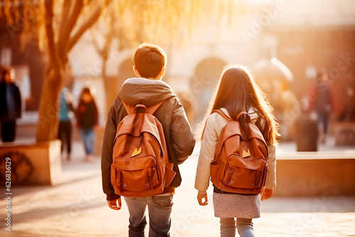 Vista trasera de dos niños con mochila escolar caminando hacia la vuelta del colegio. Concepto de educación y regreso a la escuela. photo