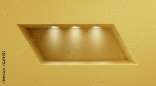 Yellow rectangular niche mockup with lamp lights. Vector realistic illustration of modern interior design, home, office, art gallery, shop, museum wall with abstract product presentation platform