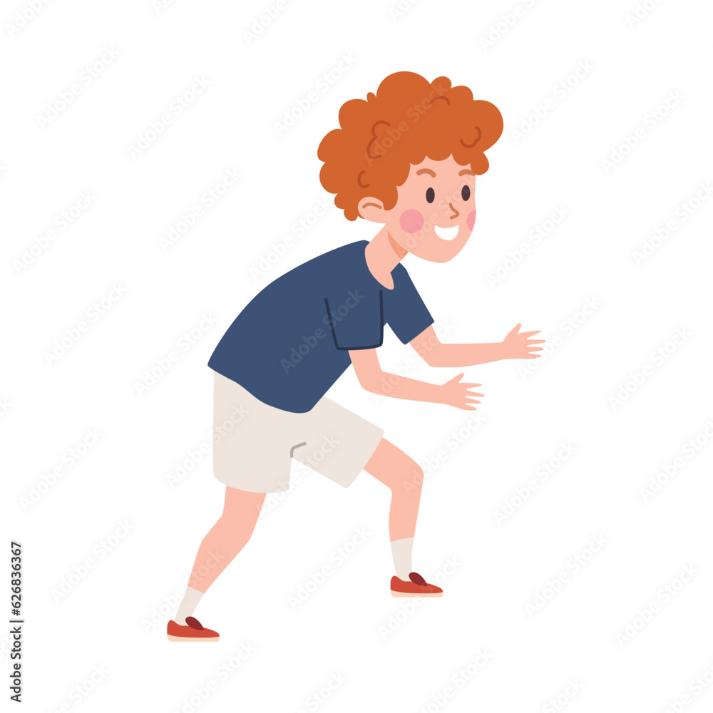 Red-haired curly kid boy standing in waiting pose flat style, vector illustration