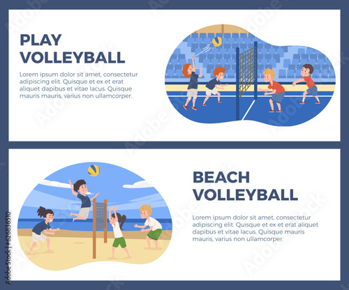 Set flyers with boys and girls playing volleyball on beach and on court, happy children playing sport game vector poster