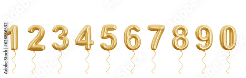 Set of gold 3d balloon numbers set, isolated on white background. Helium balloons. Party, sales, birthday, celebrate anniversary and wedding. Realistic design elements. Festive set isolated.
