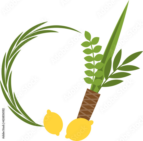 Four species, Jewish traditional symbol of Sukkot holiday. Jewish religious tradition. Frame for greeting card