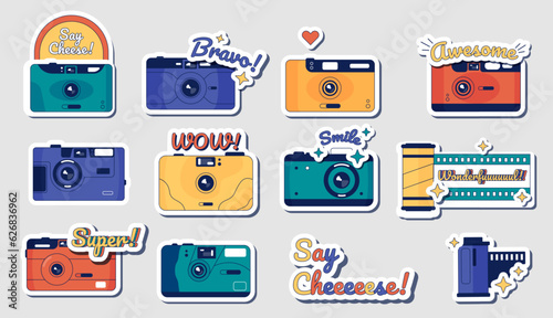 Camera stickers. Retro movie and photography camera badge, vintage film strip and photo accessory. Vector camera doodle set