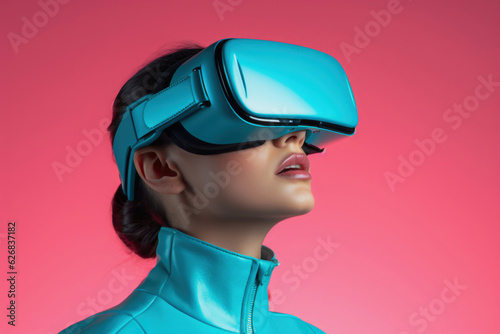 Portrait of a fictional woman wearing a light blue colored VR headset - on a pink background. © Florab Photo