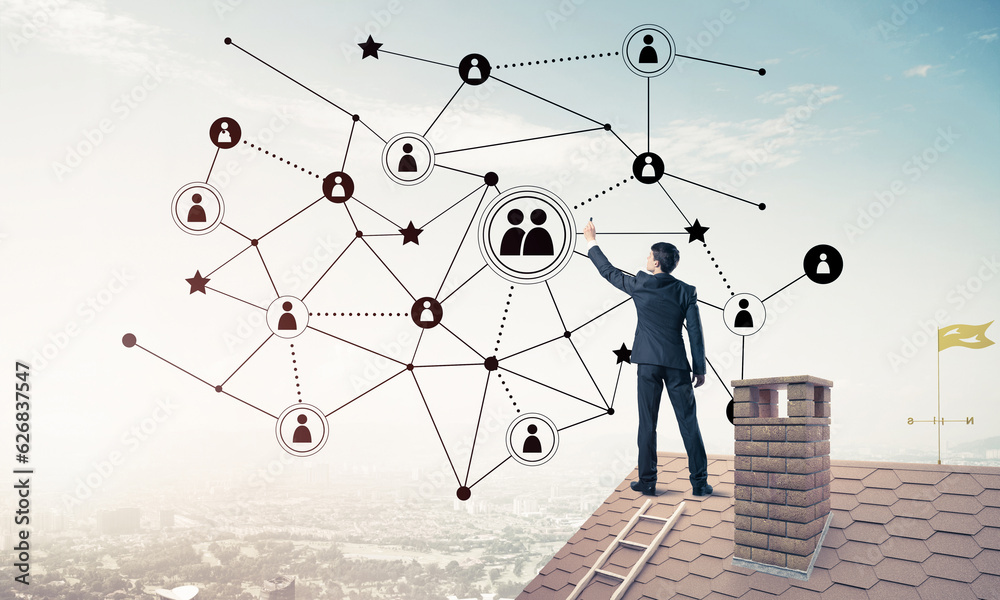 Businessman on house roof presenting networking and connection c Businessman on house roof presenting networking and connection c