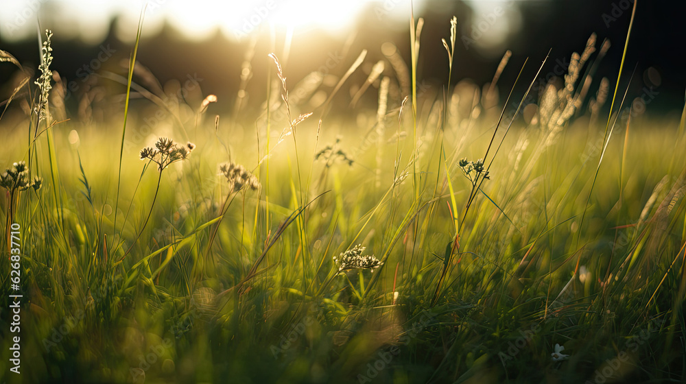 Sunset over a meadow in summer. Shallow depth of field.