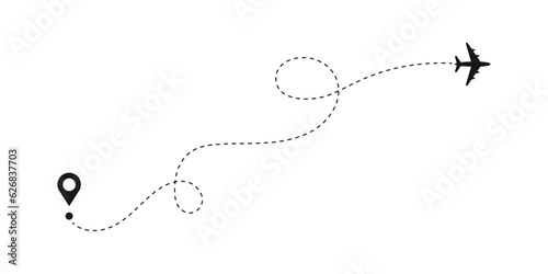 Airplane routes vector icon. Plane paths symbol. Aircraft tracking, planes, travel, map pins, location pins. Vector illustration of travel icon. Trip, travel, holiday vector icon