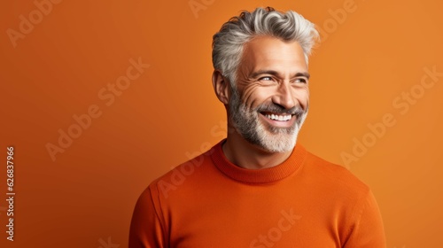 Generative AI image of copy space banner of man ai model smiling