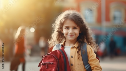 Generative AI image of copy space banner of back to school little girl with a school bag smiling © anat baron